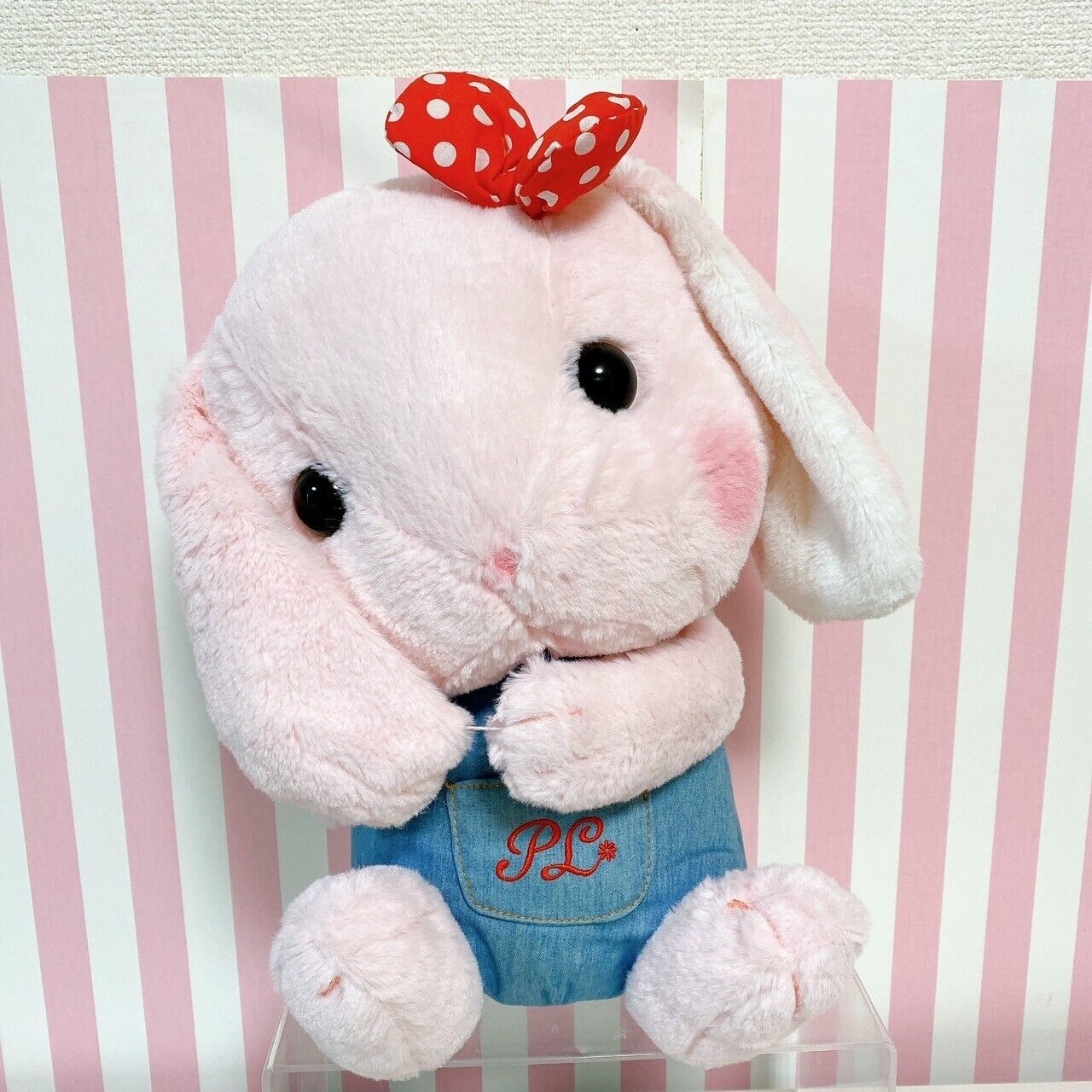 Poteusa Loppy Plush Soft Stuffed Toy Doll Fluffy Pink Rabbit PL Ribbon Dot Red