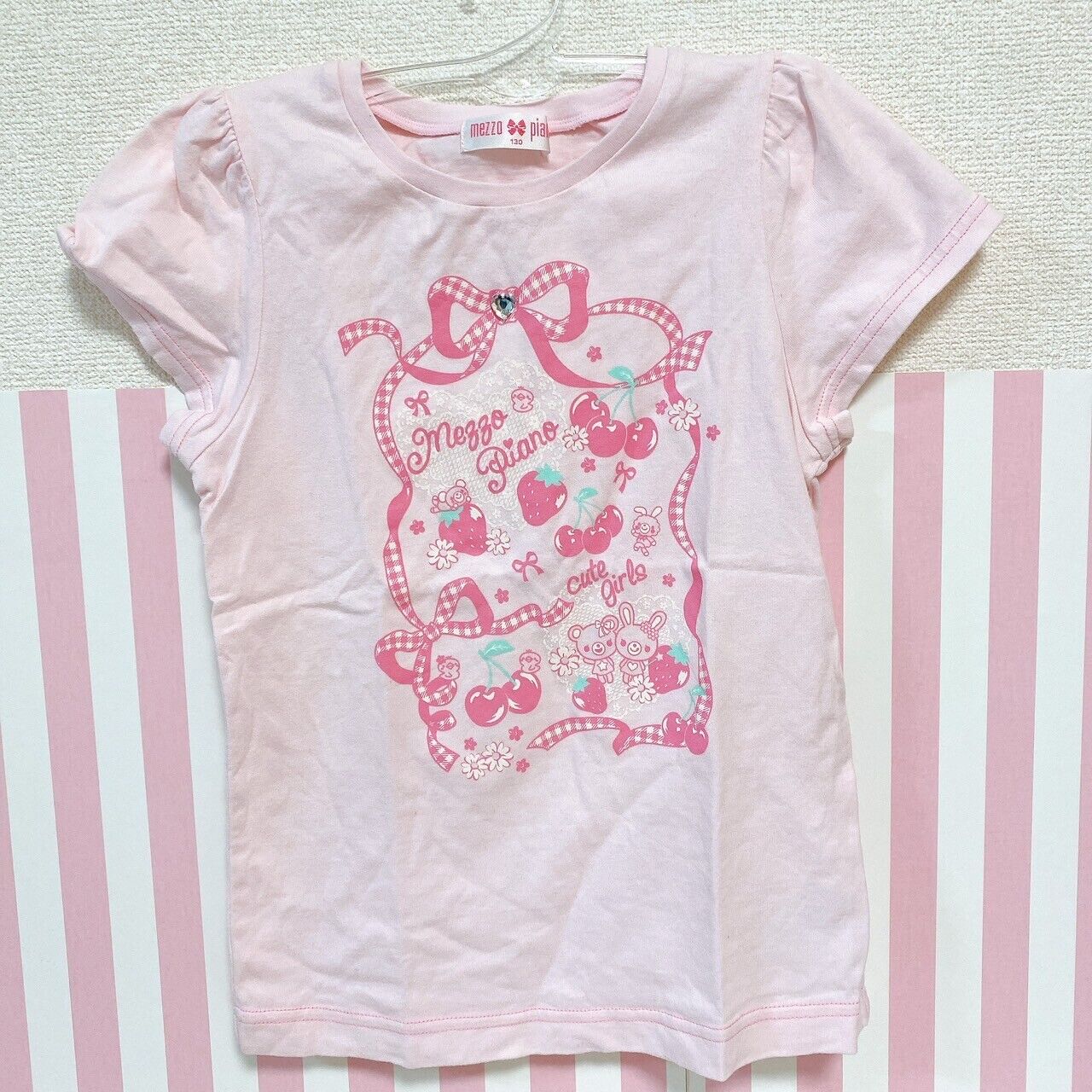 Mezzo Piano Kids T-shirt 130cm Pink Cherry Ribbon Pink Strawberry Rabbit Bear