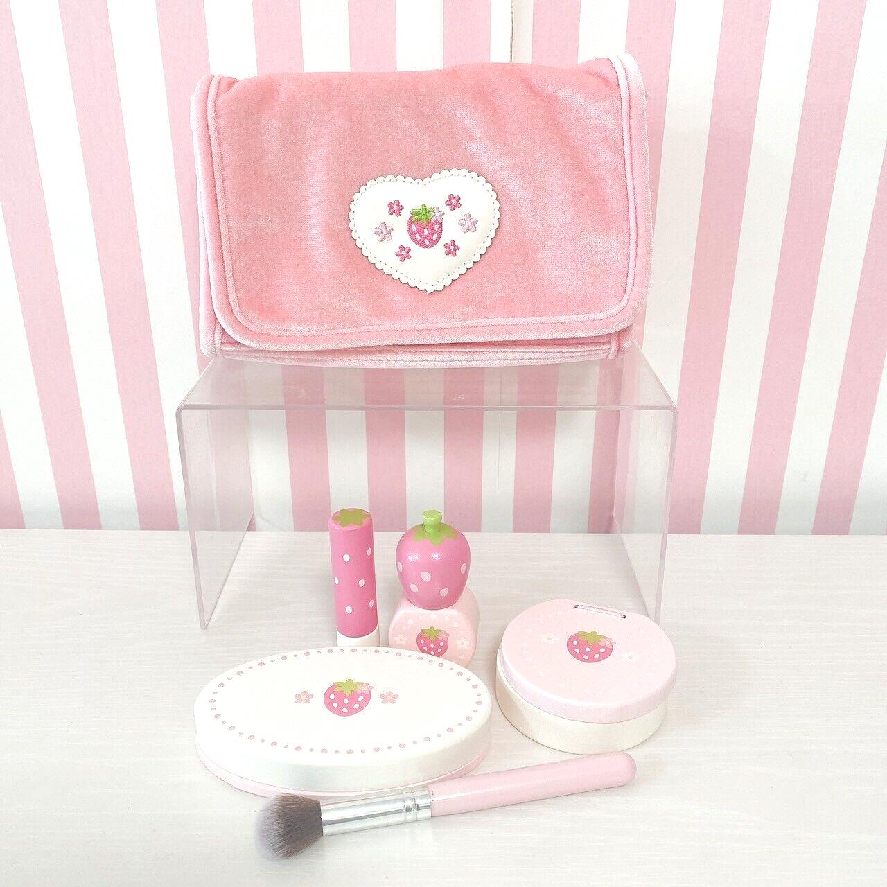 Mother Garden Wooden Makeup Set Strawberry Pink Dot Pouch Brush Lip Pallet Rare