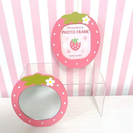 Mother Garden Photo Frame Hand Mirror Set 2 Pink Strawberry Dot Flower Kawaii