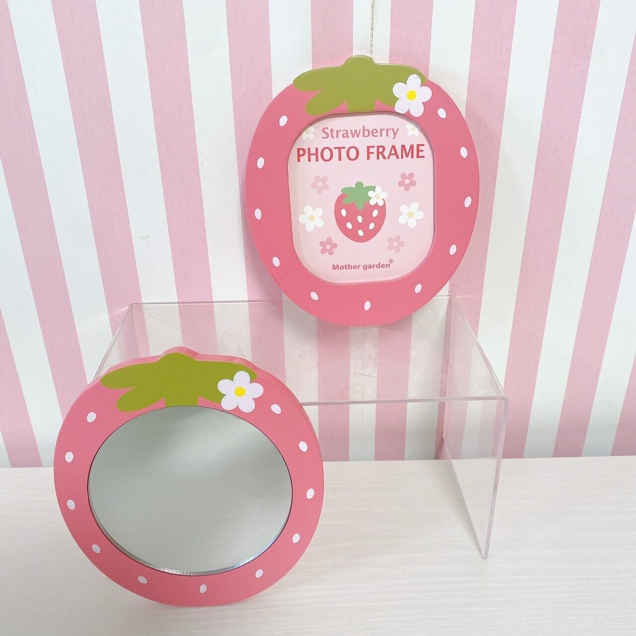 Mother Garden Photo Frame Hand Mirror Set 2 Pink Strawberry Dot Flower Kawaii