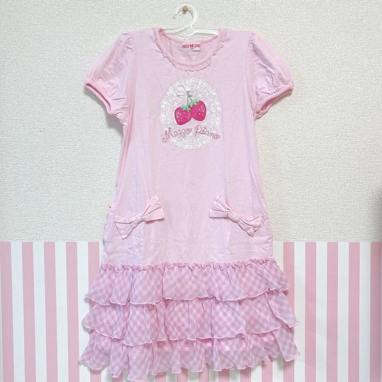 Mezzo Piano One Piece 140cm Pink Strawberry Frill Ribbon Short Sleeve Plaid Rare