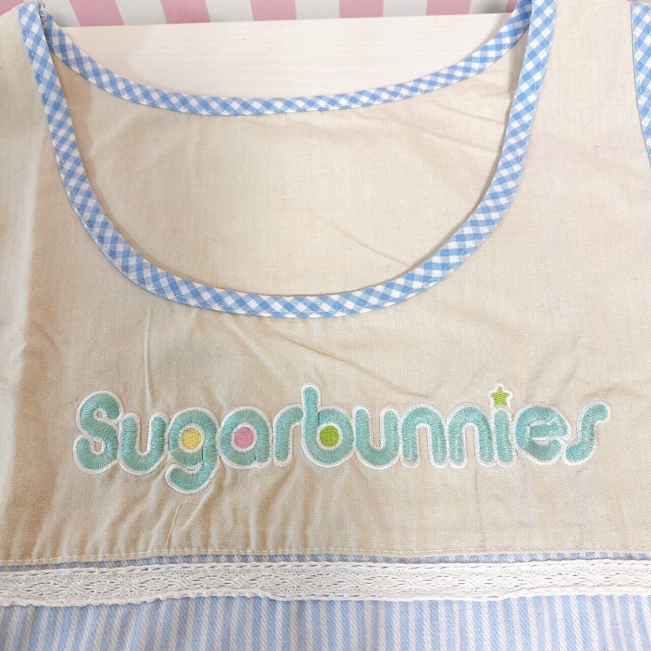 Sanrio Sugarbunnies Bunnies Apron Smock Blue Apple Stripe Plaid Shirousa Kurousa