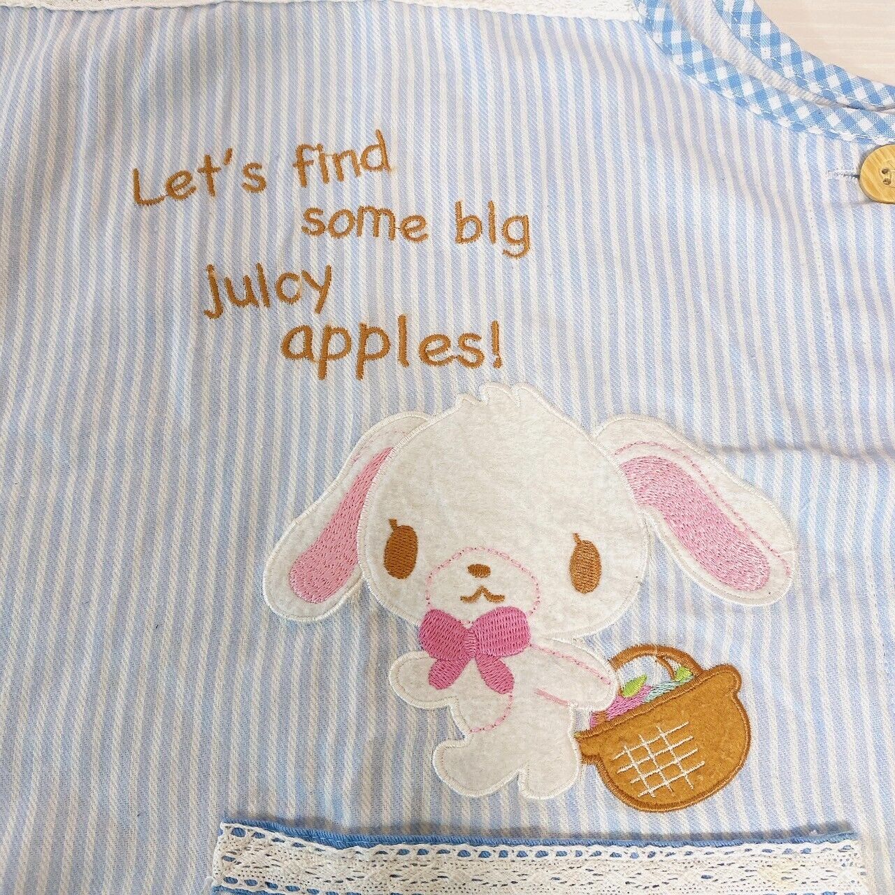 Sanrio Sugarbunnies Bunnies Apron Smock Blue Apple Stripe Plaid Shirousa Kurousa