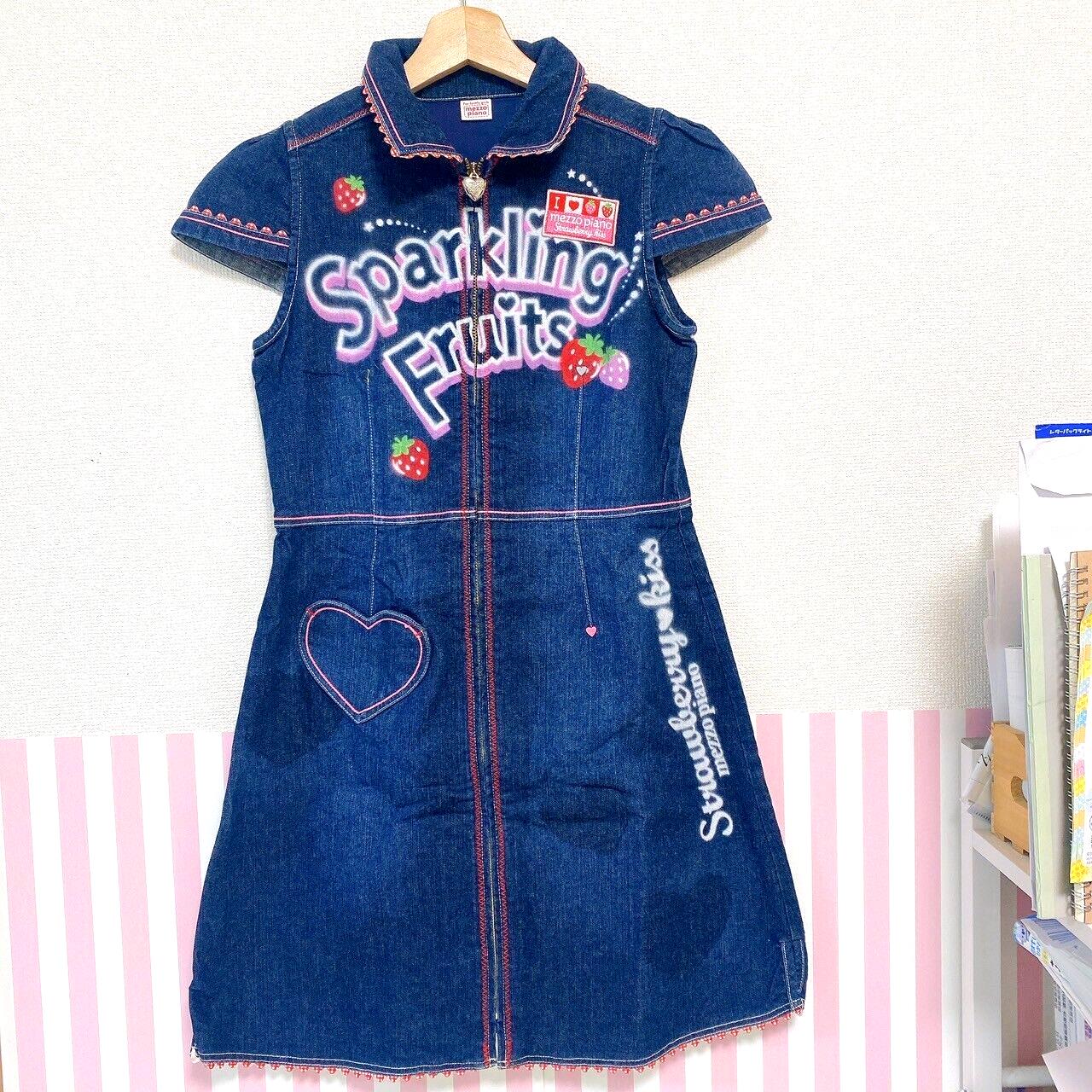 Mezzo Piano Dress 140 Denim Strawberry Heart Frill Sparkling Fruit Kawaii Rare