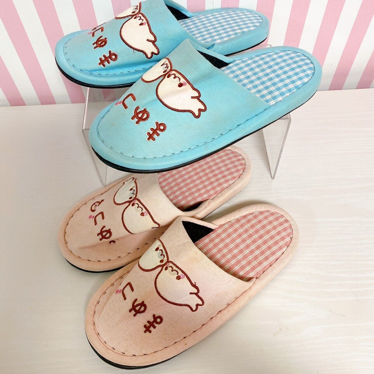 San-X Mamegoma Slippers Room Shoes Set 2 Pink Blue Sea Animals Plaid Kawaii Rare