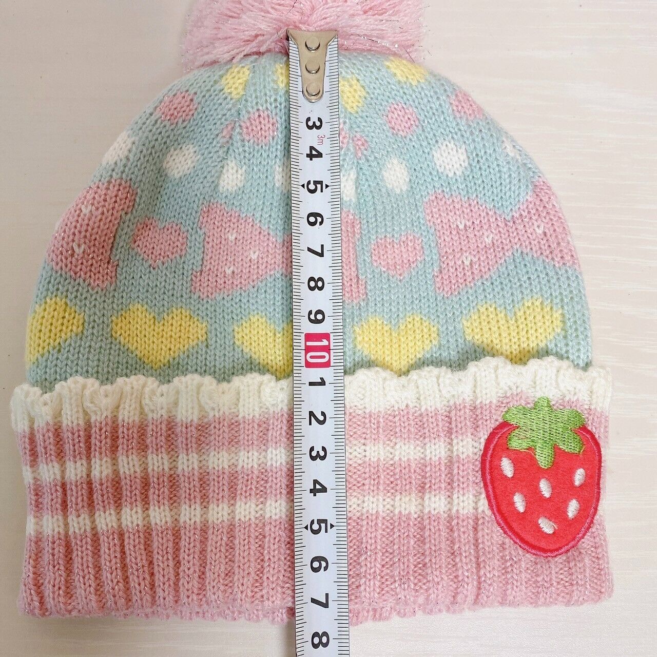 Mother Garden Knit Hat Cap Fluffy Strawberry Ribbon Heart Pink Blue Yellow Rare