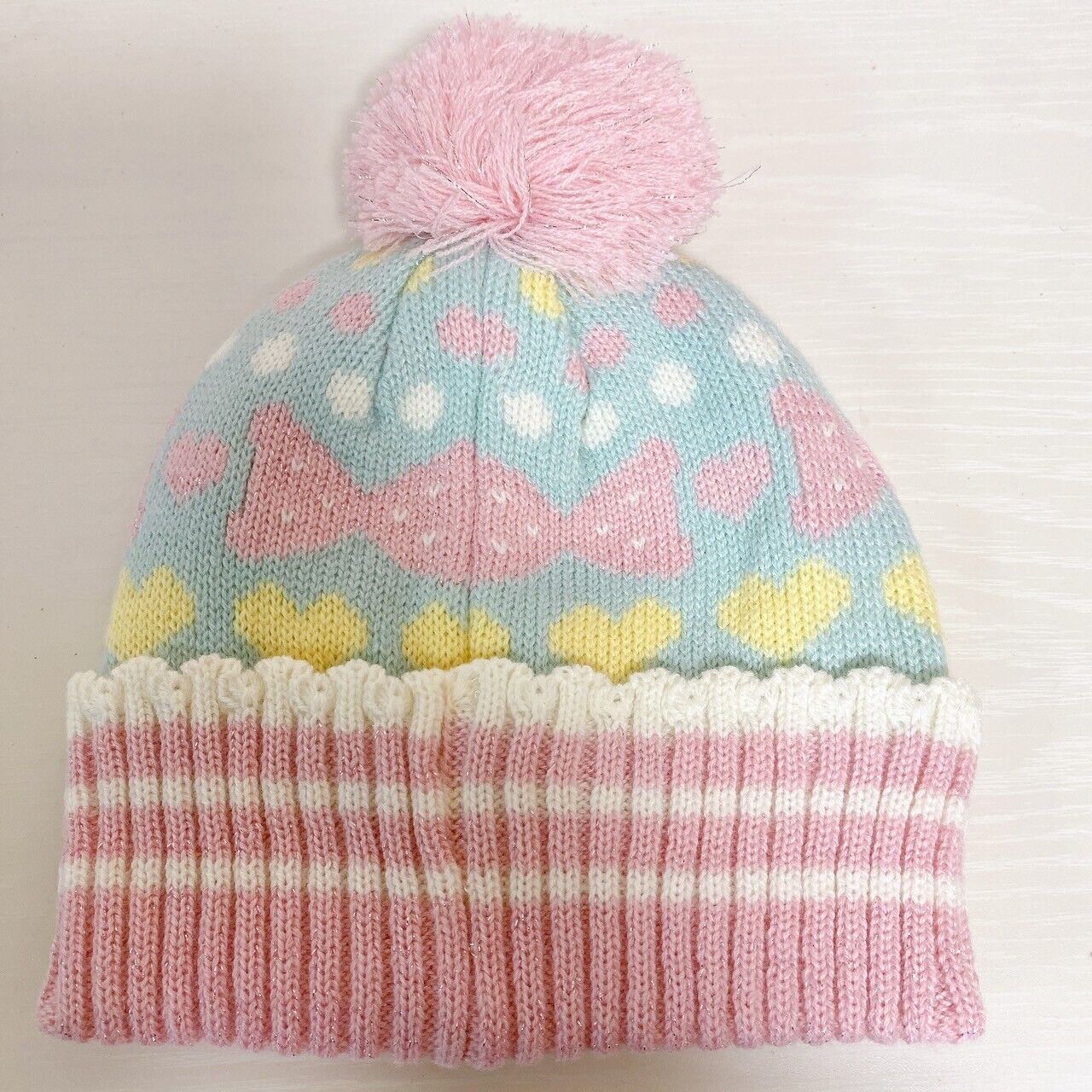 Mother Garden Knit Hat Cap Fluffy Strawberry Ribbon Heart Pink Blue Yellow Rare