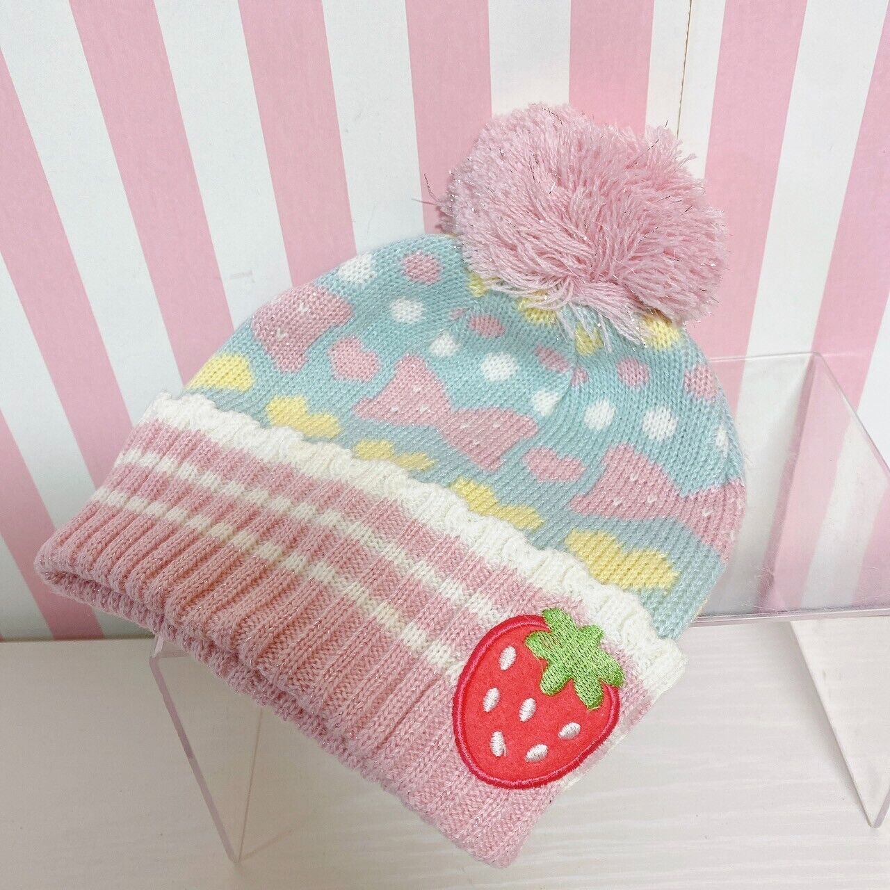 Mother Garden Knit Hat Cap Fluffy Strawberry Ribbon Heart Pink Blue Yellow Rare