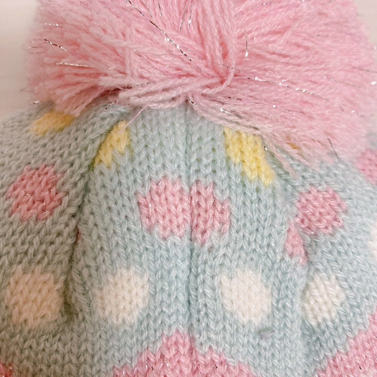 Mother Garden Knit Hat Cap Fluffy Strawberry Ribbon Heart Pink Blue Yellow Rare