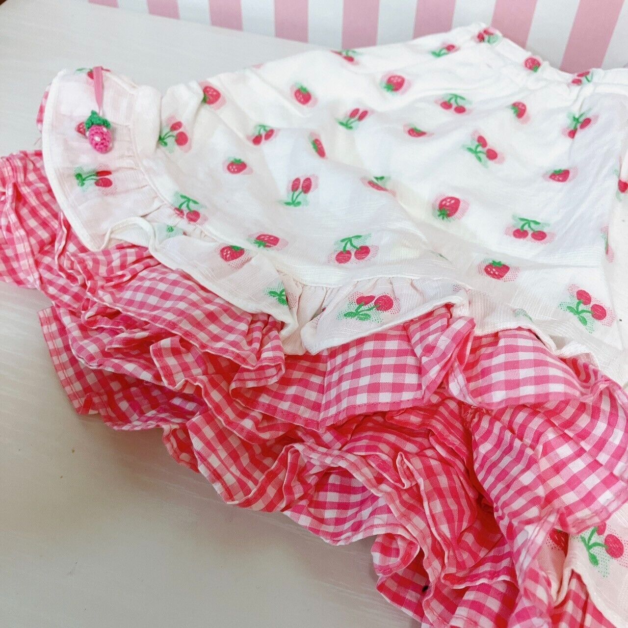 Mezzo Piano Kids Skirt 120cm Cherry Strawberry Frill Red White Ribbon Plaid Rare