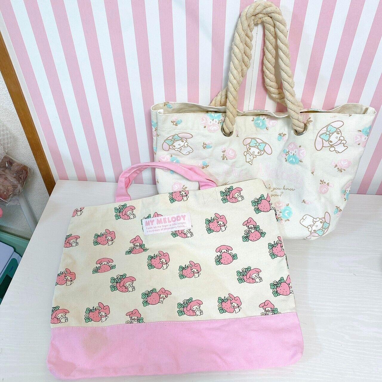 Sanrio My Melody Tote Bag Set 2 Strawberry Rose White Pink Rabbit Ribbon Kawaii