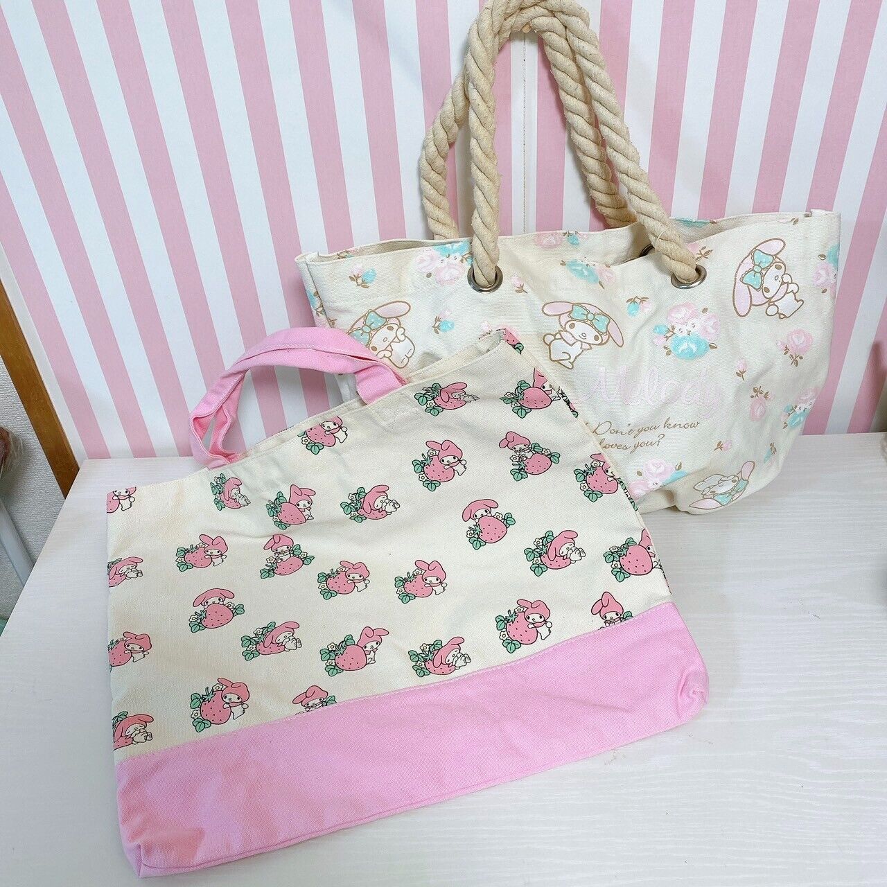 Sanrio My Melody Tote Bag Set 2 Strawberry Rose White Pink Rabbit Ribbon Kawaii