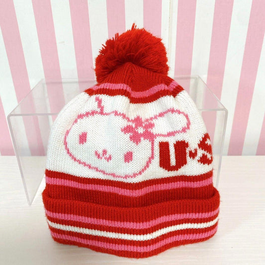 Sanrio Usahana Knit Hat Cap White Red Pink Rabbit Flower Fluffy Winter Kawaii