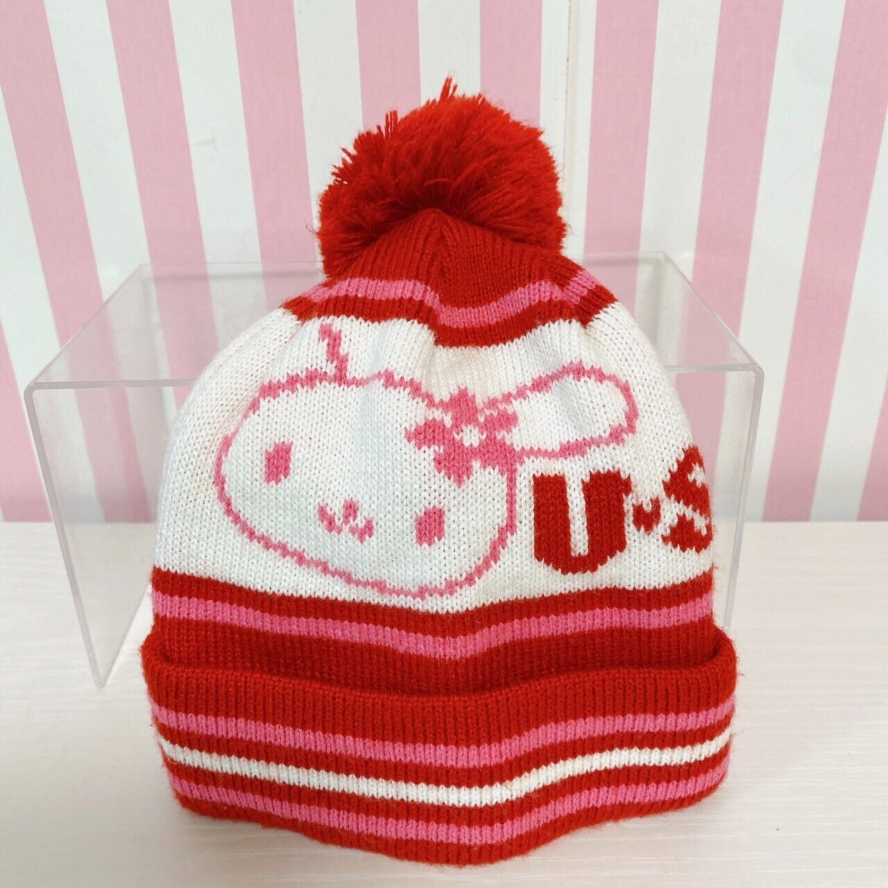 Sanrio Usahana Knit Hat Cap White Red Pink Rabbit Flower Fluffy Winter Kawaii