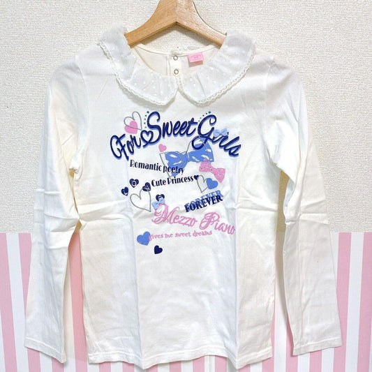 Mezzo Piano Long Sleeve T-shirt Tops 160cm White Ribbon Collar Heart Blue Kawaii