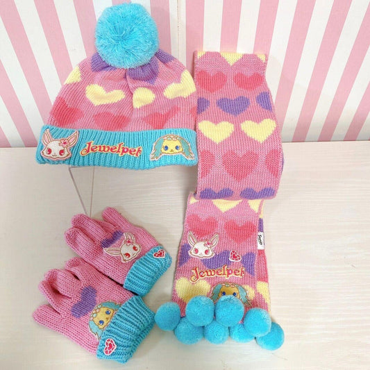 Sanrio Jewelpet Knit Set 3 Hat Cap Muffler Winter Scarf Gloves Pink Blue Heart