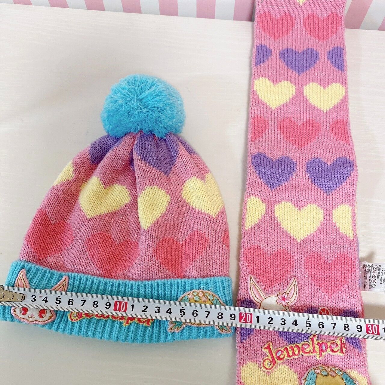 Sanrio Jewelpet Knit Set 3 Hat Cap Muffler Winter Scarf Gloves Pink Blue Heart