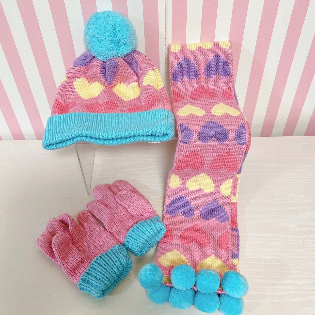 Sanrio Jewelpet Knit Set 3 Hat Cap Muffler Winter Scarf Gloves Pink Blue Heart