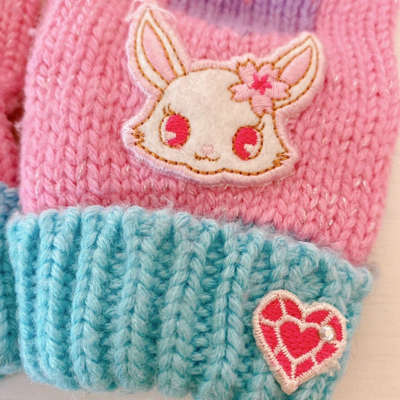 Sanrio Jewelpet Knit Set 3 Hat Cap Muffler Winter Scarf Gloves Pink Blue Heart