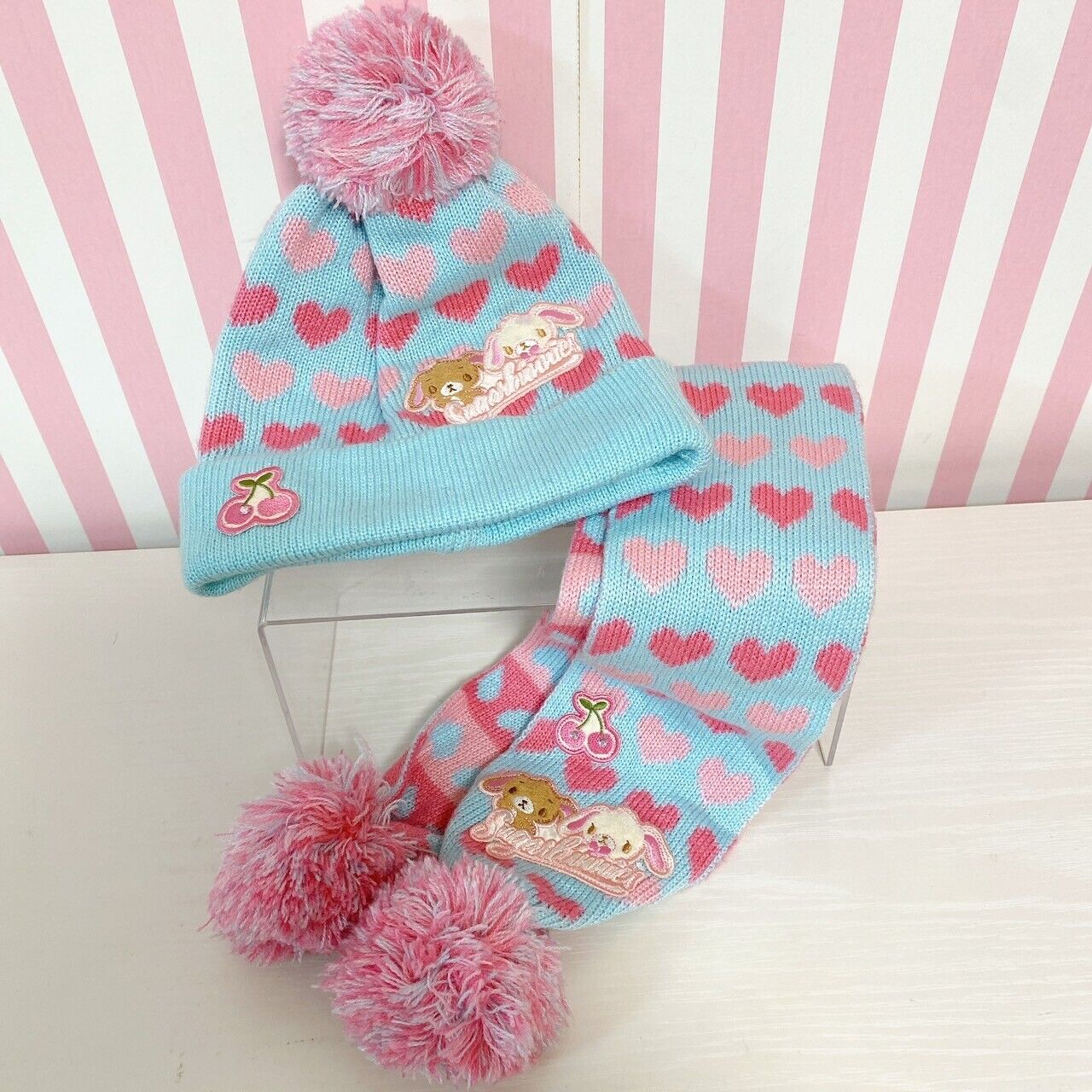 Sanrio Sugar Bunnies Muffler Winter Scarf Knit Hat Cap Set 2 Pink Blue Shirousa