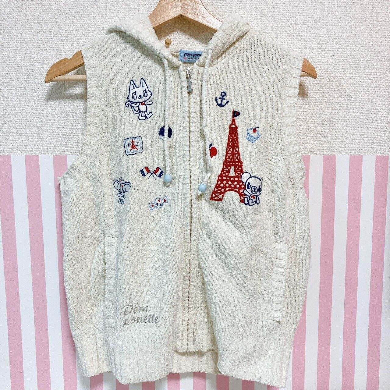 Pom Ponette 160 Size L Cat White Hooded Zip-up Vest Apple Kawaii Character Rare