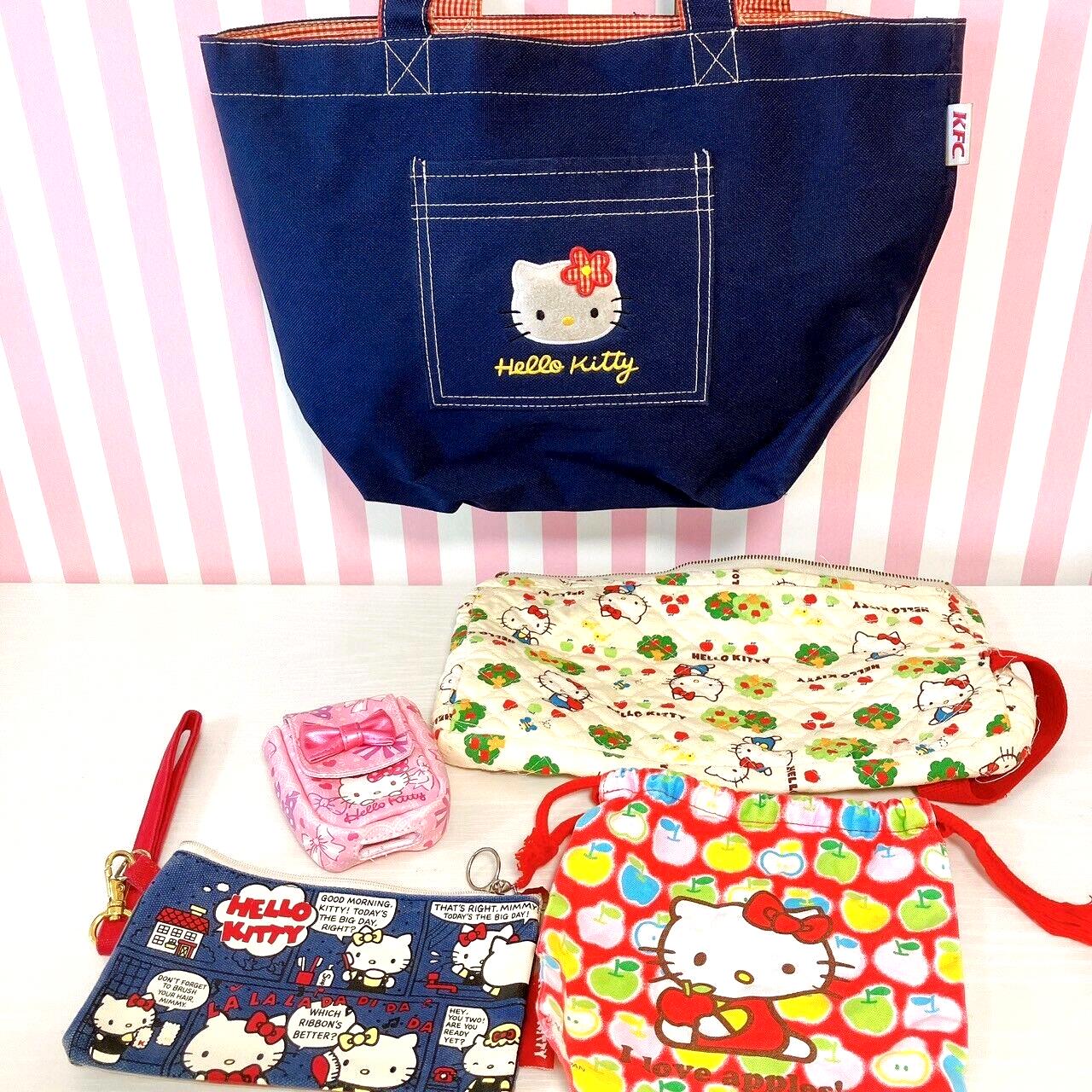 Sanrio Hello Kitty Bag Pouch 5 Set Denim Red Pink Apple Cat Ribbon Kawaii Rare