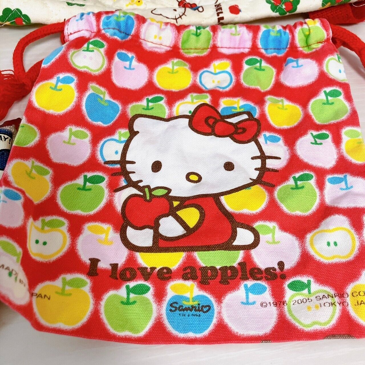 Sanrio Hello Kitty Bag Pouch 5 Set Denim Red Pink Apple Cat Ribbon Kawaii Rare