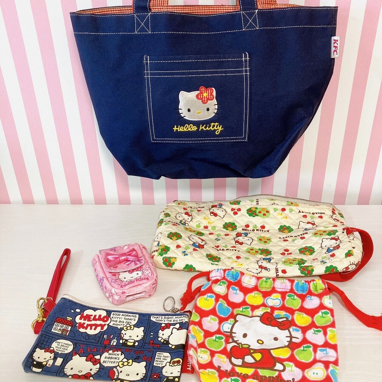 Sanrio Hello Kitty Bag Pouch 5 Set Denim Red Pink Apple Cat Ribbon Kawaii Rare