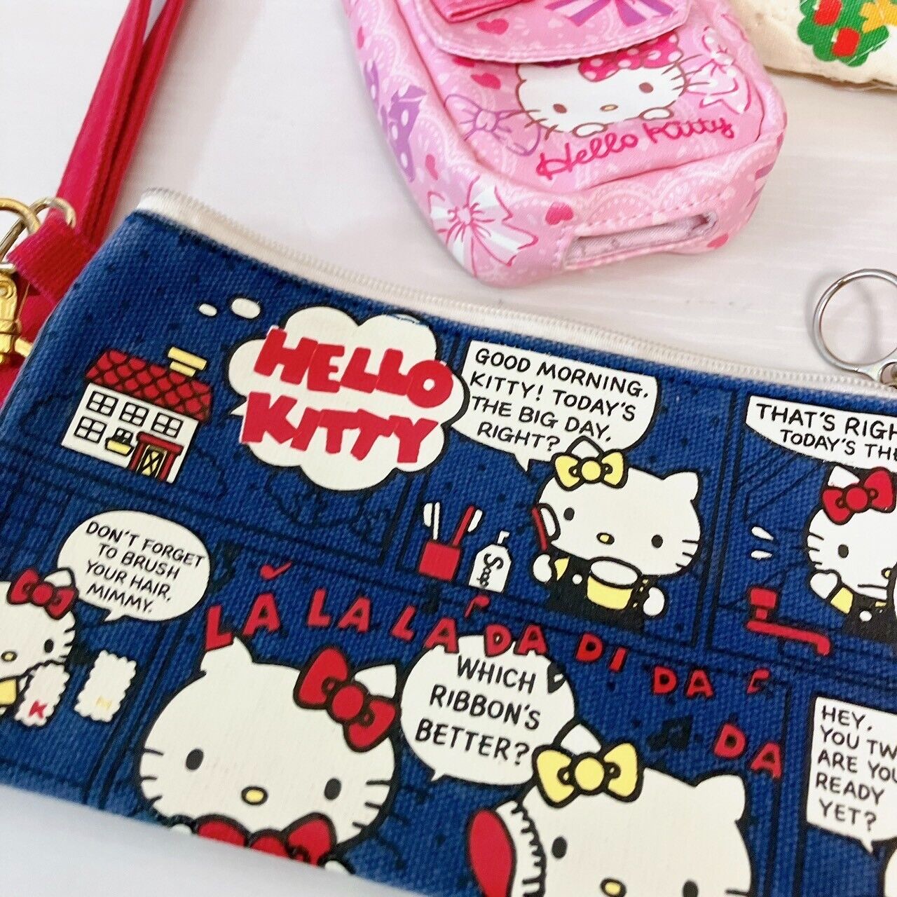 Sanrio Hello Kitty Bag Pouch 5 Set Denim Red Pink Apple Cat Ribbon Kawaii Rare