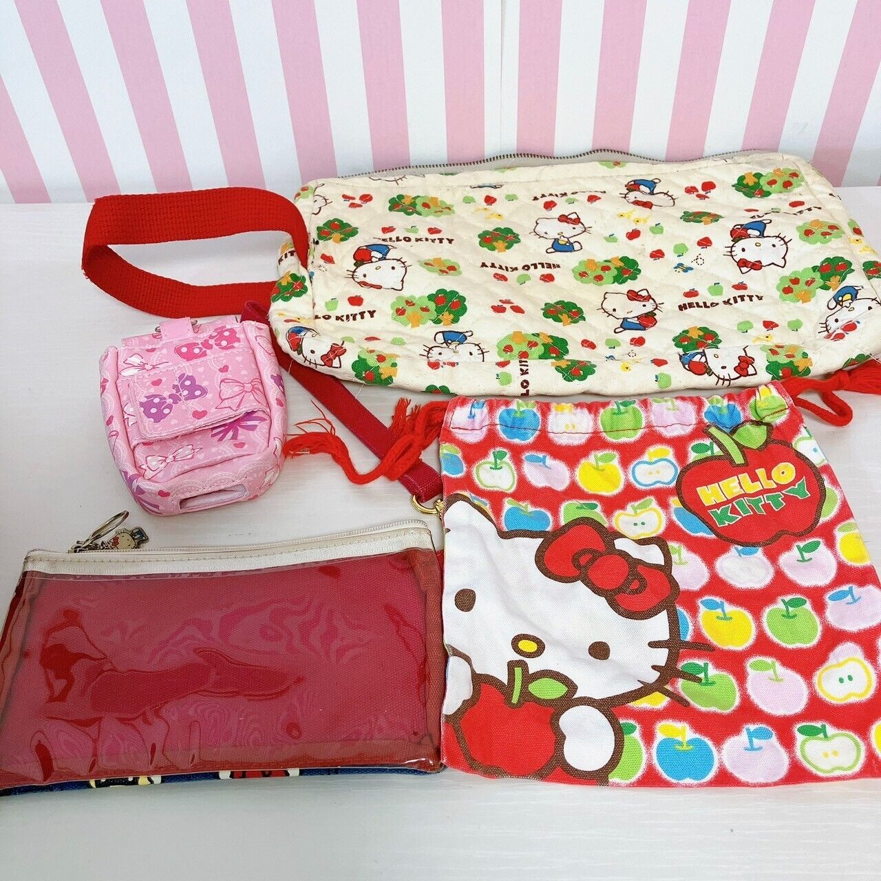 Sanrio Hello Kitty Bag Pouch 5 Set Denim Red Pink Apple Cat Ribbon Kawaii Rare