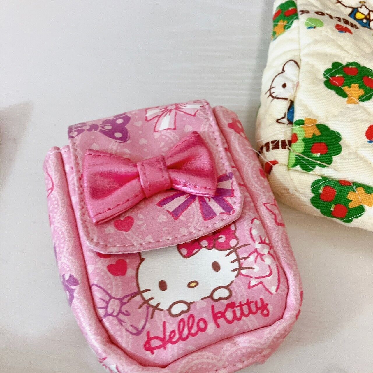 Sanrio Hello Kitty Bag Pouch 5 Set Denim Red Pink Apple Cat Ribbon Kawaii Rare