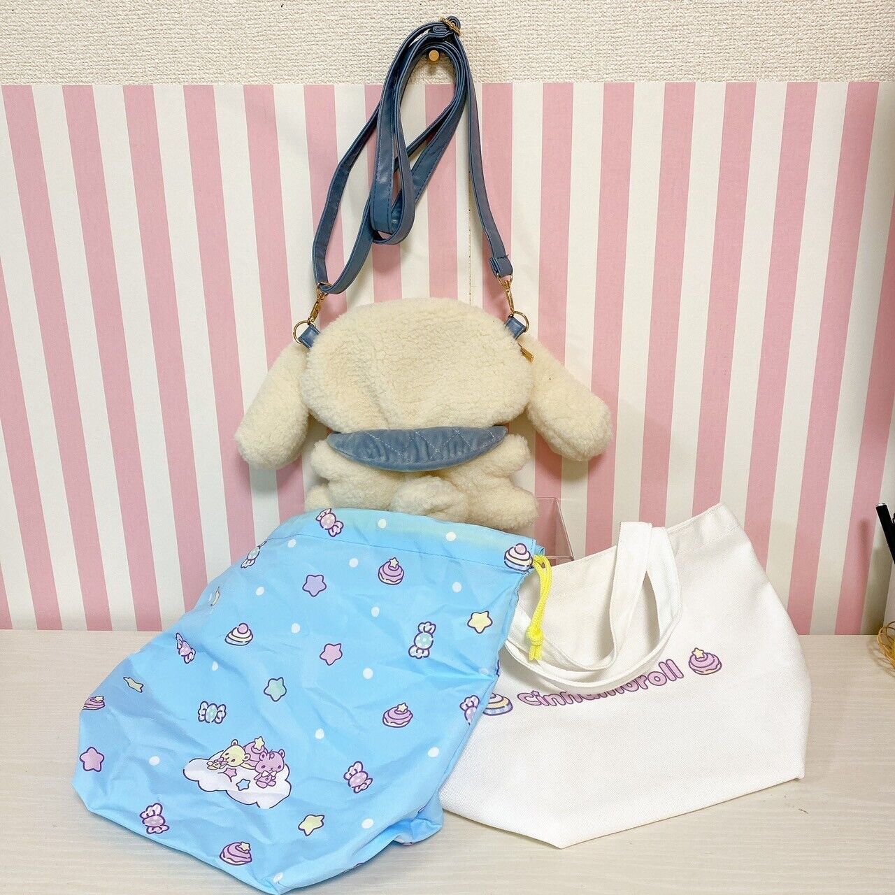 Sanrio Cinnamoroll Cinnamon Plush Shoulder Bag Tote Drawstring Set 3 White Blue