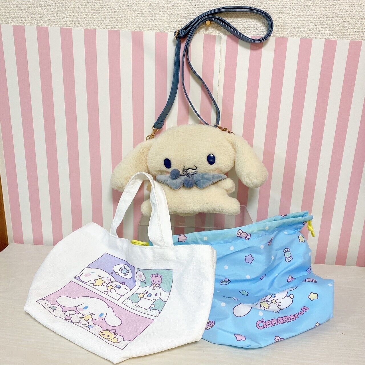 Sanrio Cinnamoroll Cinnamon Plush Shoulder Bag Tote Drawstring Set 3 White Blue