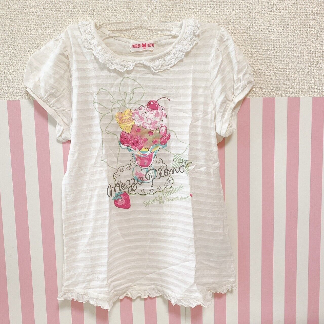 Mezzo Piano 140cm Tops T-shirt Fruits Parfait Collar Frill White Stripe Clothing