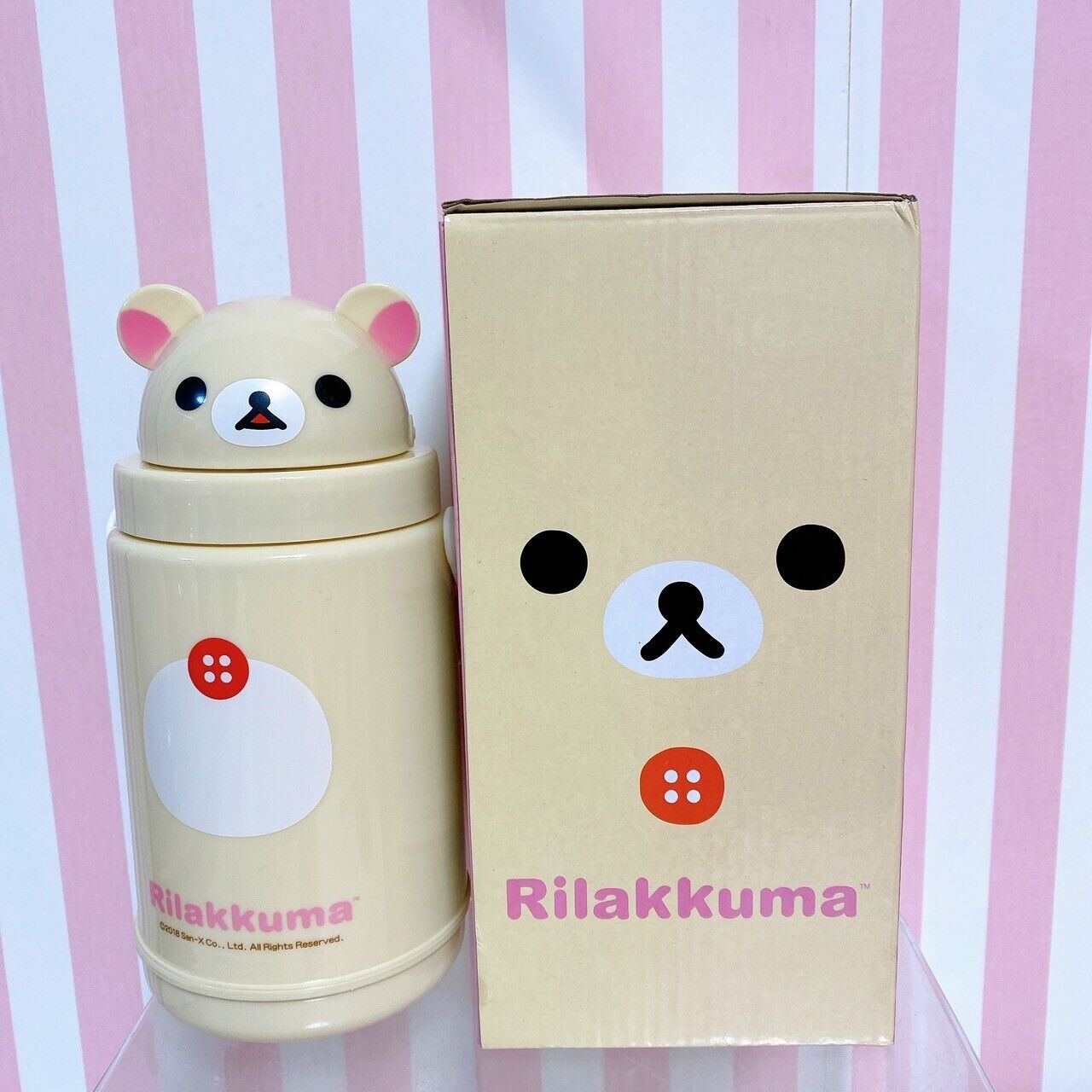 San-X Rilakkuma Korilakkuma Face Water Bottle White Bear Straw Kawaii Character