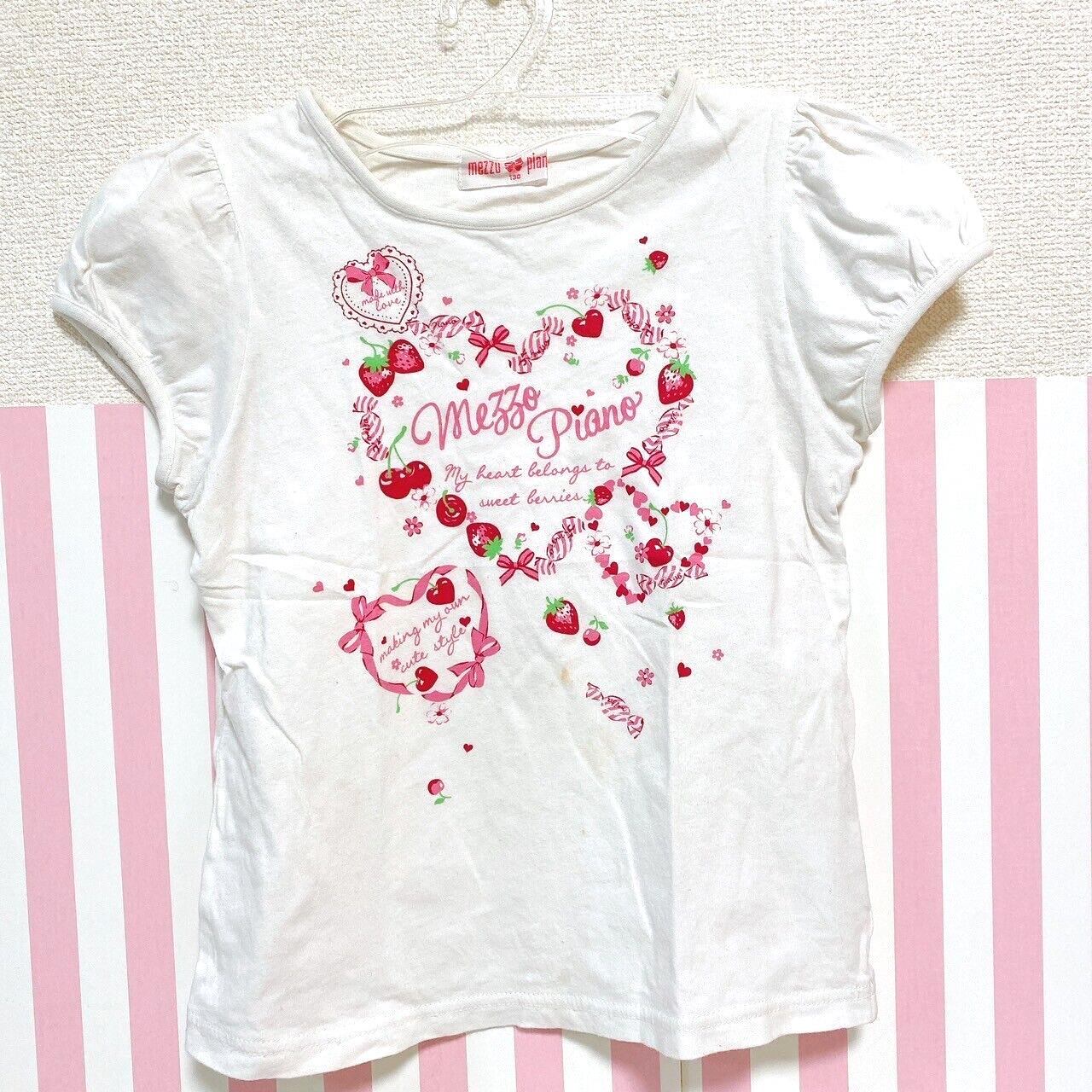 Mezzo Piano Kids T-shirt 130 Size White Cherry Ribbon Pink Heart Strawberry Rare