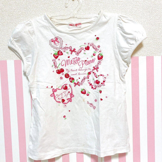 Mezzo Piano Kids T-shirt 130 Size White Cherry Ribbon Pink Heart Strawberry Rare