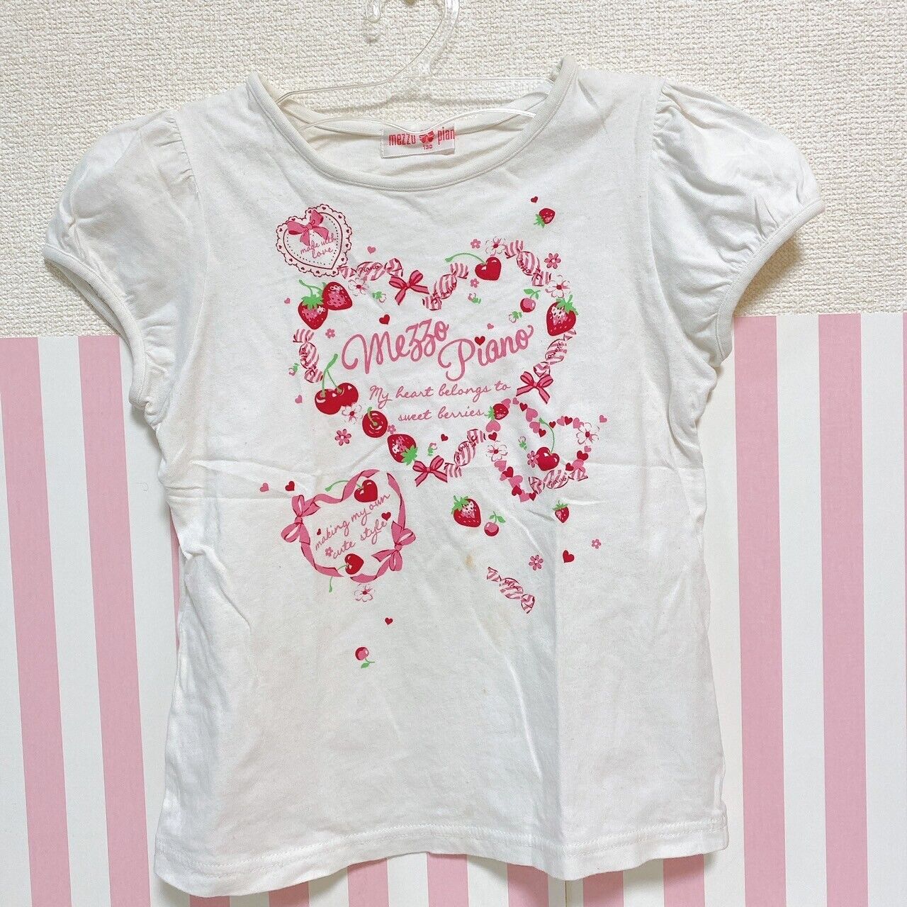 Mezzo Piano Kids T-shirt 130 Size White Cherry Ribbon Pink Heart Strawberry Rare