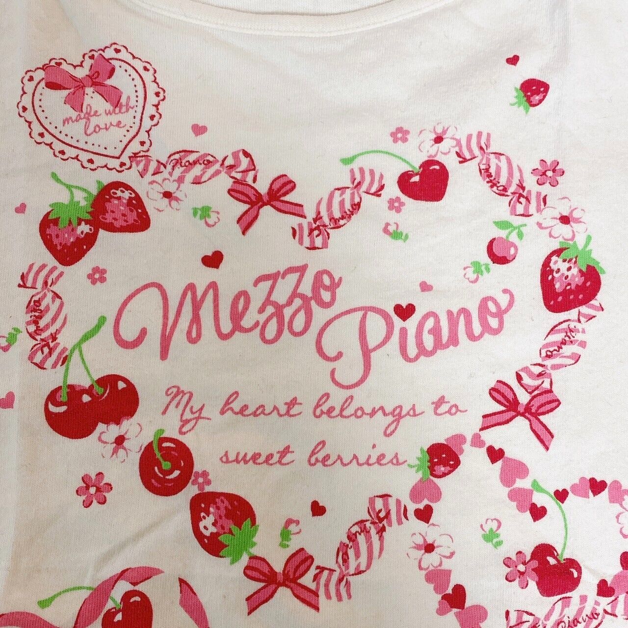 Mezzo Piano Kids T-shirt 130 Size White Cherry Ribbon Pink Heart Strawberry Rare