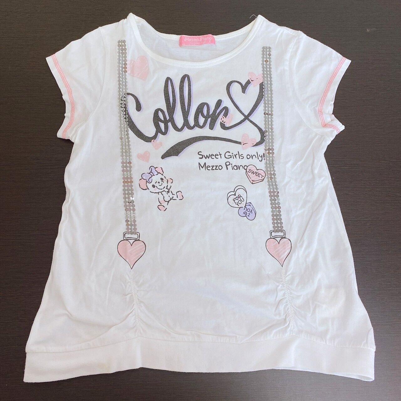 Mezzo Piano T-shirt Tops 140cm White Short Sleeve Sequins Bear Heart Pink Kawaii