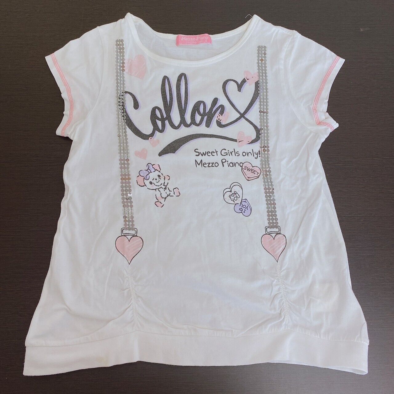 Mezzo Piano T-shirt Tops 140cm White Short Sleeve Sequins Bear Heart Pink Kawaii