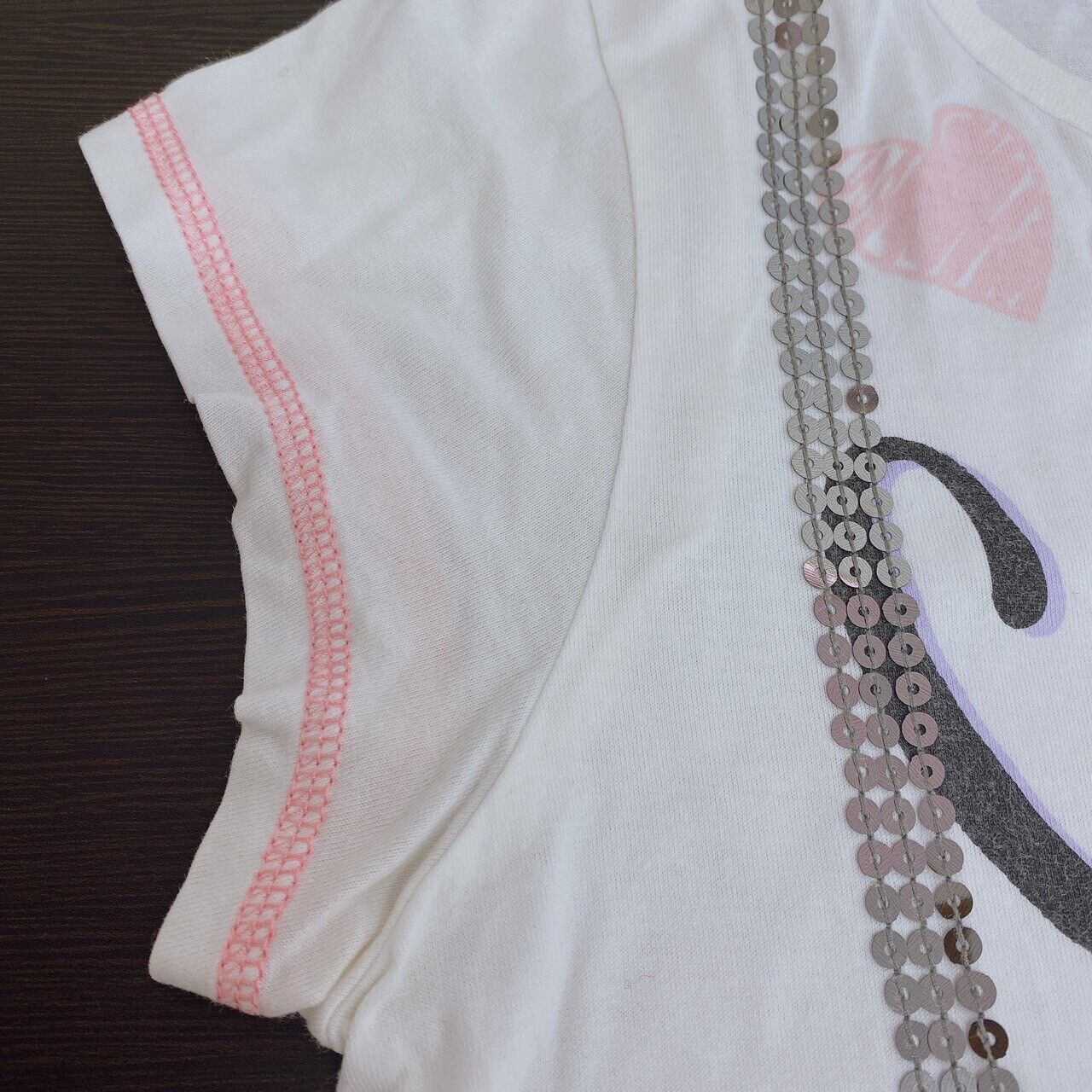 Mezzo Piano T-shirt Tops 140cm White Short Sleeve Sequins Bear Heart Pink Kawaii