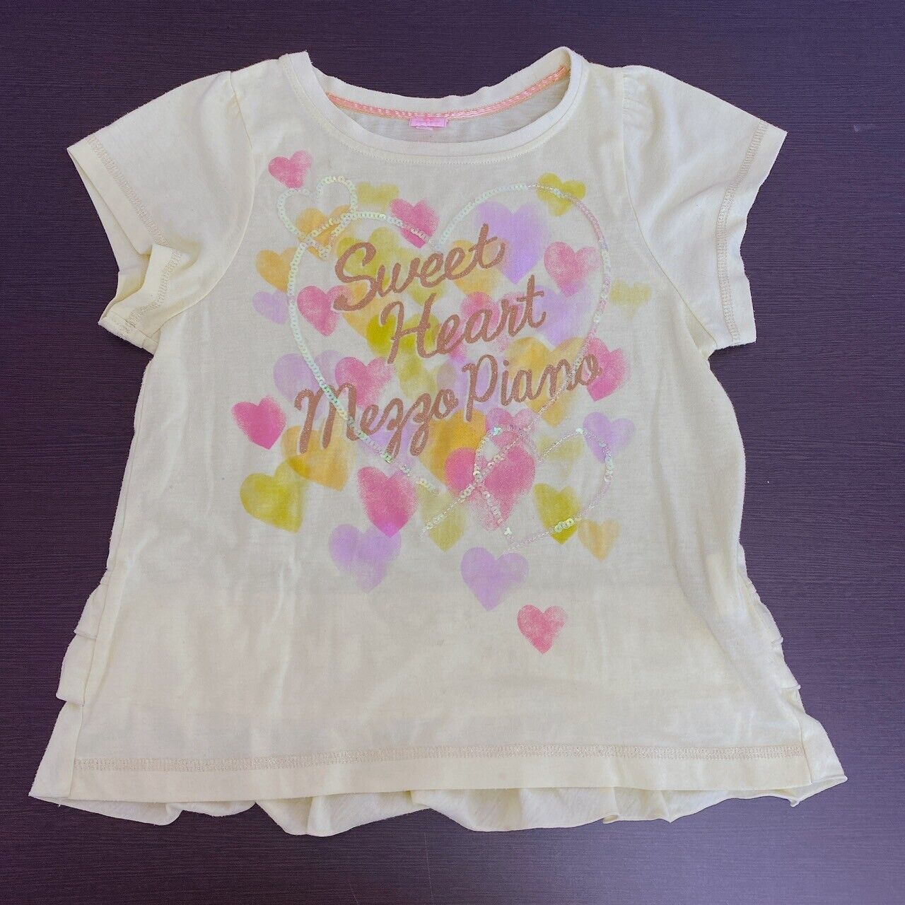 Mezzo Piano T-shirt Tops 140cm Yellow Short Sleeve Sweet Heart Ribbon Frill Rare