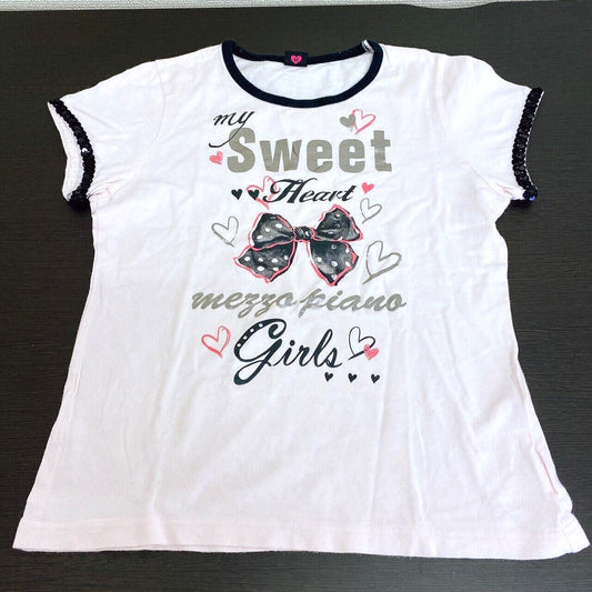 Mezzo Piano Kids T-shirt 150 White Black Ribbon Heart Sequins Sweet Kawaii Rare