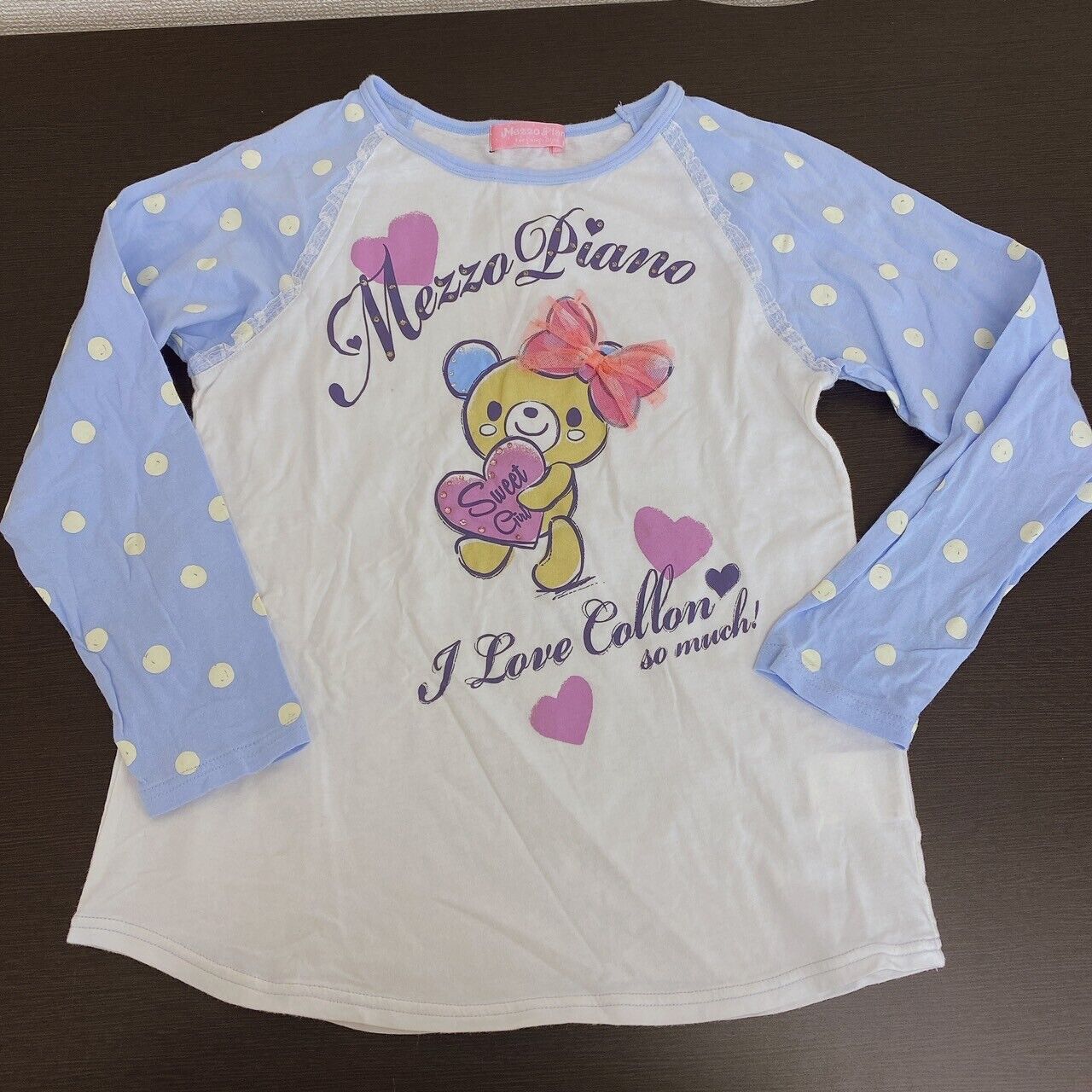 Mezzo Piano Kids T-shirt 150cm M Size Long Sleeve Light Blue Bear Dot Pattern