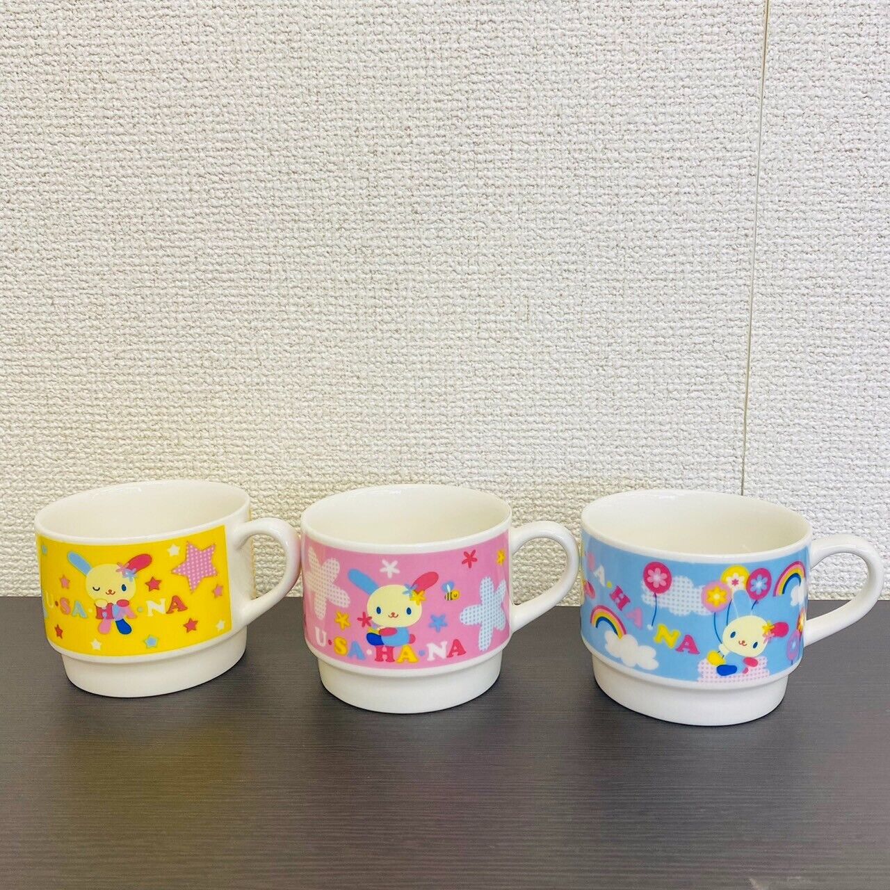 Sanrio Usahana Mug Cup Set 3 Yellow Pink Blue Rabbit Flower Star Balloon Kawaii