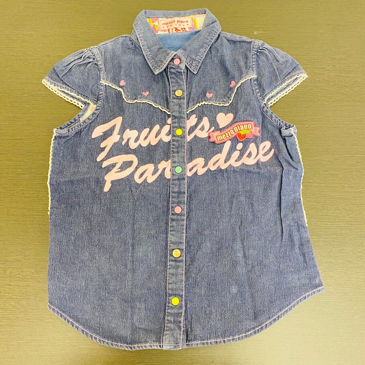 Mezzo Piano Kids T-shirt Tops 140cm Denim Short Sleeve Fruits Strawberry Heart