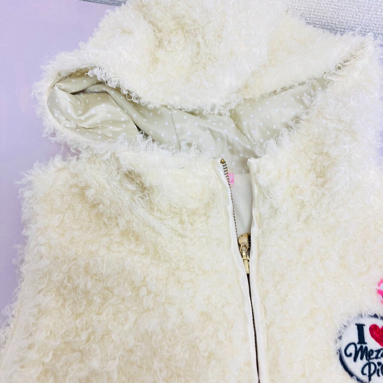 Mezzo Piano Vest 160cm White Kids Girls Boa Fluffy Hood Dot Heart Clothing Rare