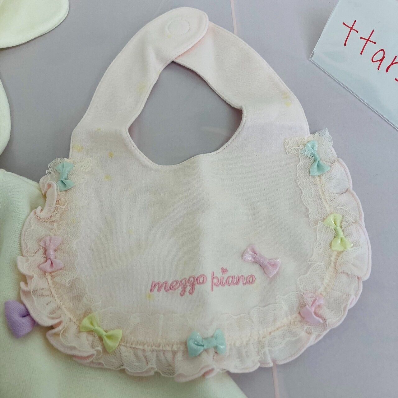 Mezzo Piano Baby Cape Bib Set 2 White Pink Colorful Ribbon Ear Frill Kawaii Rare